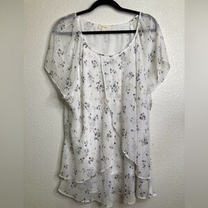 Tamara H. Blouse 3X Blue White Floral Blouse Sheer Flutter Sleeve Ethereal Fairy